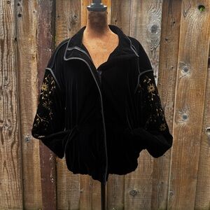 Zara Black Velvet Bomber Jacket with Gold Embroidered Sleeves